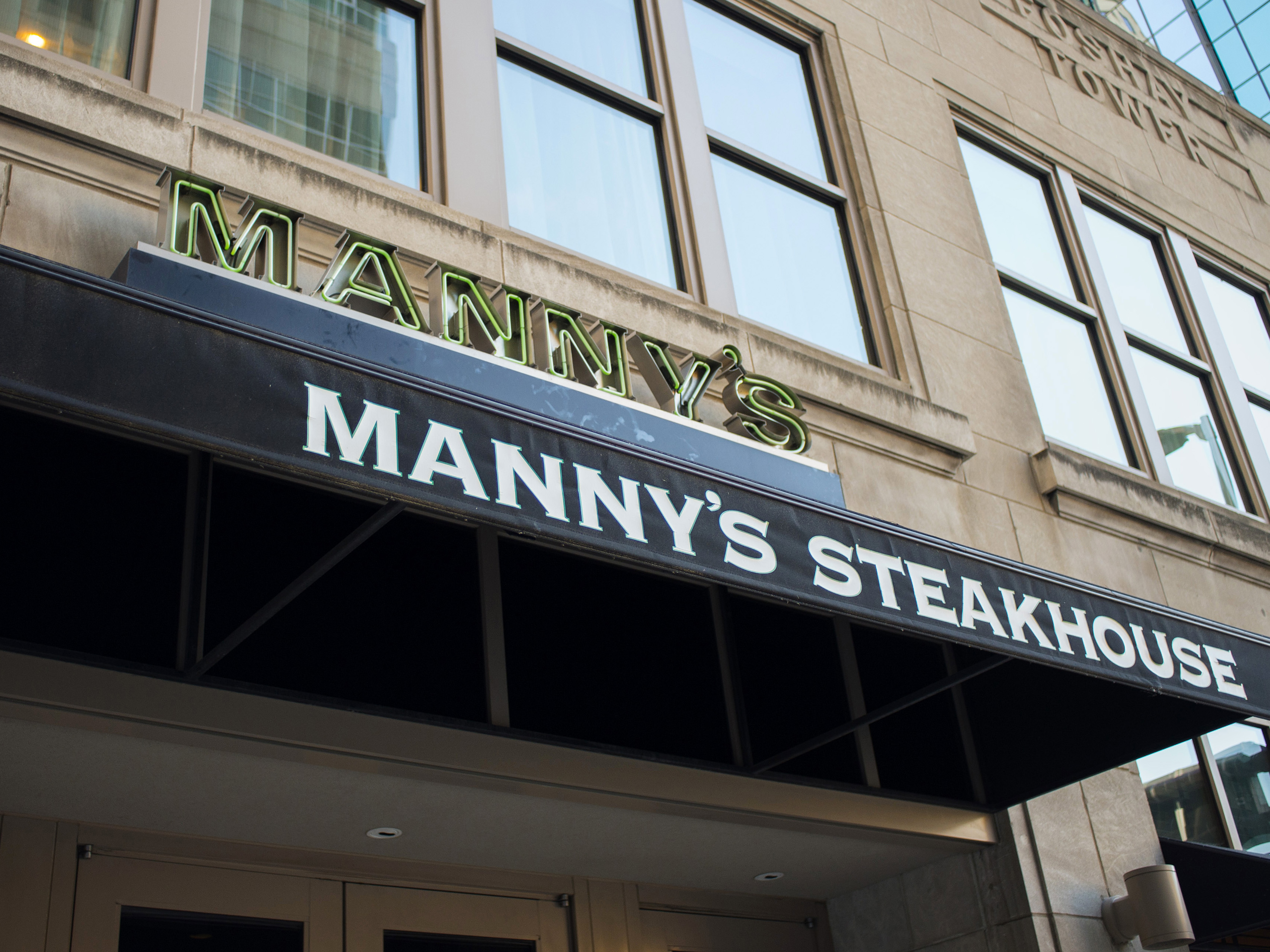 View of front awning of Manny's Steakhouse