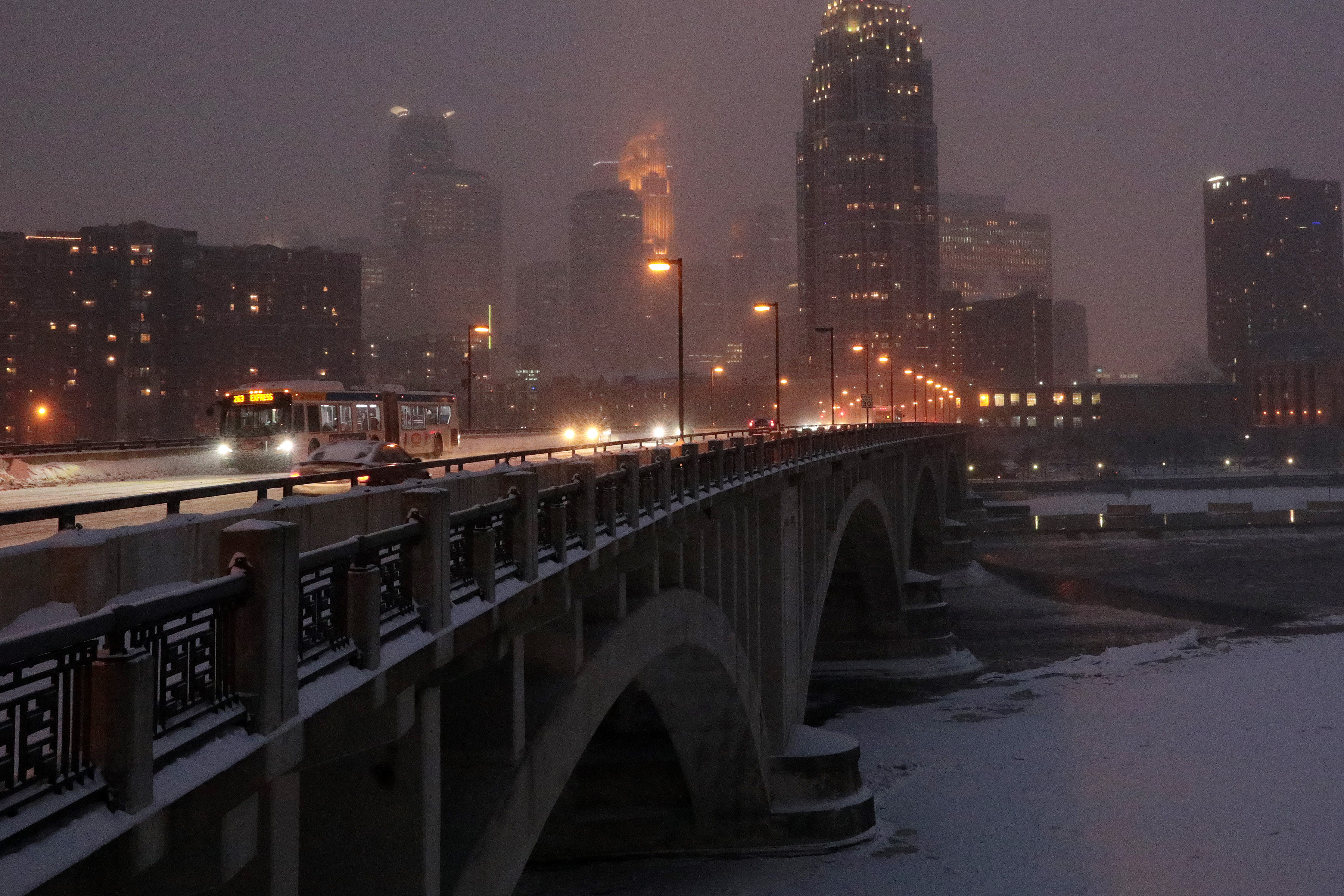 3rd Avenue bridge and snowing